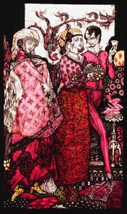 Bert the Bigfoot, Sung by Villon". "Queens", asitli, lekeli ve boyalı dokuz cam panel, Illustrating J.M. Synge" şiiri, 1917 by Harry Clarke