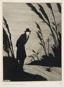 Siyah ve beyaz. 'Her şeyin ortasında soğuk beyaz bir yüz vardı'. Siyahlar giyinmiş bir adam; bir dizi telgraf direği. by Harry Clarke