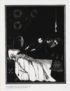 Yataktan neredeyse sıvı bir iğrenç, iğrenç kokuşmuşluk kütlesi yatıyordu. Hikaye için bir illüstrasyon, 'M. Valdemar vakasındaki gerçekler'. by Harry Clarke