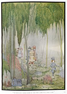 "Onları geldikleri aynı yoldan eve getirdi." Hikayenin illüstrasyonu, 'küçük başparmak'. Bir ormandaki çocuklar. by Harry Clarke