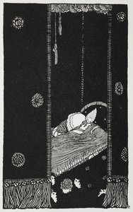 'Ormanda uyuyan güzel' öyküsünün illüstrasyonu. Uyuyan Güzel yatağında. by Harry Clarke