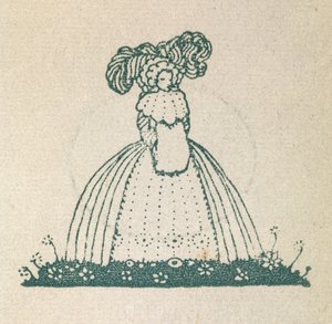 Büyük bir elbise giyen bir kadını gösteren illüstrasyon. by Harry Clarke