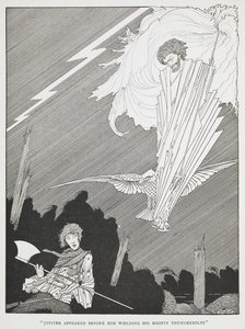 "Jüpiter, güçlü yıldırımlarını kullanarak önünde belirdi." "Saçma dilekler"in illüstrasyonu. by Harry Clarke