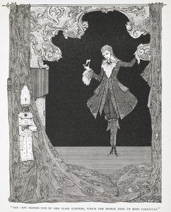 "Prensin çok dikkatli bir şekilde eline aldığı cam terliklerinden birini geride bıraktı." Hikayenin illüstrasyonu, Cinderilla veya The Little Glass Slipper. by Harry Clarke