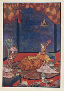Bülbül. Yapay kuş, İmparator'un yatağının yanındaki ipeksi bir minderin üzerinde yerini almıştı. by Harry Clarke