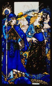The Queens of Sheba, Meath ve Connaught". "Queens", asitlenmiş, boyanmış ve boyanmış dokuz cam panel, Illustrating J.M. Synge