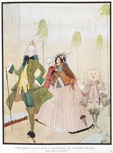 "Marki elini prenslere verdi ve ilk çıkan kralın ardından gitti." 'Usta kedi veya çizmeli kedi' hikayesi için illüstrasyon. by Harry Clarke