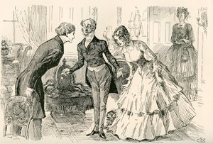 David, Dora ve Bayan Murdstone ile Buluşuyor. "Bay Copperfield, kızım Dora ve kızım Dora'nın gizli arkadaşı Bayan Murdstone!" The Testimonial Edition'dan Charles Dickens romanı David Copperfield için Harry Furniss'in çizimi, 19'da by Harry Furniss