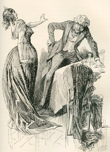 Edith ve Bay Carker. " Adam neşeyle ona doğru geliyordu ki, bir anda masadan bıçağı aldı ve bir adım geri çekildi. "Kıpırdama," dedi, "yoksa seni öldürürüm!" Charles Dickens romanı by Harry Furniss