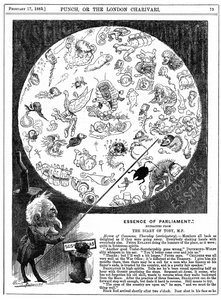 Parlamentonun Özü: 1883 için Parlamentonun ilk oturumunun açılışını gösteren karikatür (ahşap gravür) by Harry Furniss