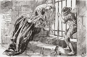 Leydi Dedlock ve Jo. "Oraya kondu," diyor Jo, parmaklıklara tutunup içeri bakarken, Leydi Dedlock bir köşeye çekiliyor. Charles Dickens'ın Kasvetli Ev romanı için Harry Furniss'in çizimi, The Testimonial Edition'dan, 1910'da yayın by Harry Furniss