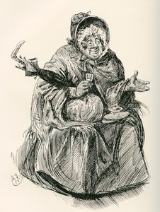 Bayan Gamp. Charles Dickens romanı Martin Chuzzlewit için Harry Furniss'in çizimi, The Testimonial Edition'dan, 1910'da yayınlandı. by Harry Furniss