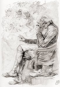 Trotty'nin Rüyası. "Trotty düş görmüş müydü? Yoksa sevinçleri, kederleri ve içlerindeki aktörler bir düş müydü; The Chimes from The Christmas Book adlı kısa öykü için Harry Furniss'in illüstrasyonu