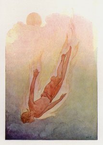 Phaeton, saçları alevler içinde, derin ve serin bir nehre düşerken (renkli taş baskı) by Harry George Theaker