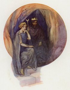 Proserpine uzun siyah giysiler içinde, büyük siyah bir tahtta oturuyor ve yanında vahşi siyah Kral var (renkli taş baskı) by Harry George Theaker