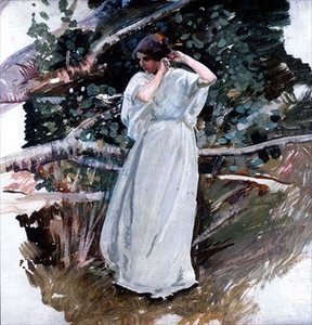 Uzun beyaz elbiseli genç kadın (panel) by Harry Watson