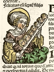Aziz Felicite'nin temsili, yedi çocuğunun başlarıyla Roma'da şehitlik. Hartmann Schedel'in ksilografisi “” Nürnberg Günlükleri”” 1493. by Hartmann Schedel