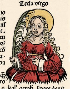 Bakire ve Şehitlik Thecle of Iconium (Santa Tecla) Temsili Hartmann Schedel tarafından ““Nürnberg Günlükleri””nin Xylography by Hartmann Schedel