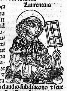 Saint Laurent, şehitliğinin bir aleti olan ızgarayı elinde tutuyor. “Liber Chronicarum by Hartmann Schedel”den gravür by Hartmann Schedel