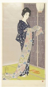 Yaz kimonolu genç kadın Natsu yosoi müze yok (nesnedeki başlık) by Hashiguchi Goyô