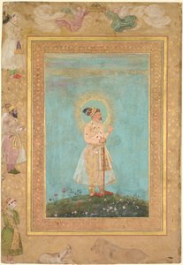 Shah Jahan, Geç Shah Jahan Albümünden bir spinel ve uzun bir Deccan kılıcı tutuyor, c. 1650.