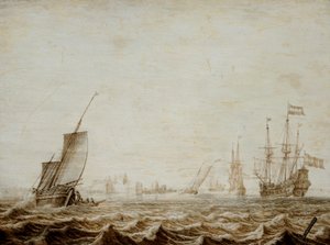 Dalgalı Denizde Yelken İndiren Bir Wijdschip, 17. yüzyıl ortaları (panel üzerine yağlıboya) by Heerman Witmont