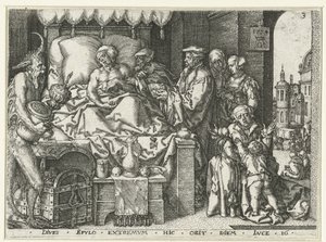 Zengin adam ölüm döşeğinde Lazarus ve Zengin Adam benzetmesi (dizi başlığı) by Heinrich Aldegrever