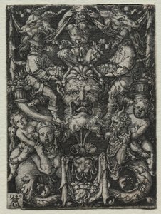 Maskeli, Bir Çift Tritonlu ve Alttaki İki Çocuklu Süsleme Tasarımı, 1549. by Heinrich Aldegrever