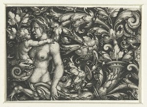 Yaprak sarmaşıkları ve çocuklu bir dişi triton ile süsleme by Heinrich Aldegrever