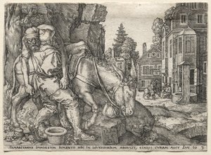 İyi Samiriyeli Mesel: Gezgini Eşeğine Bindiren İyi Samiriyeli, 1554. by Heinrich Aldegrever