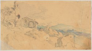 Kulübe ve harabeler ile dağ manzarası by Heinrich Burkel