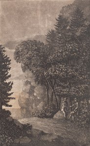 Kayalar ve büyük ağaçlar ile manzara, t.h. iki adam by Heinrich Grosch