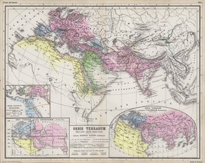 Antik çağda bilinen Dünya krallıklarının kapsamını gösteren haritalar (renkli gravür) by Heinrich Kiepert
