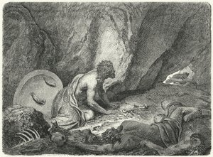 Spartalılar tarafından atıldığı çukurdan kaçan Aristomenes (gravür) by Heinrich Leutemann
