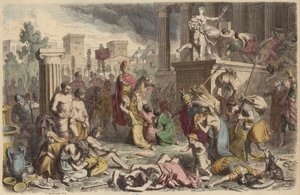 Fethedilen bir şehri yağmalayan Romalı askerler (renkli gravür) by Heinrich Leutemann