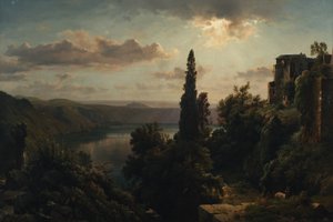 Roma yakınlarındaki Alban Tepeleri'ndeki Nemi Gölü'nün görünümü by Heinrich Louis Theodor Gurlitt
