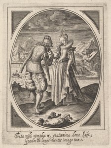 Bir adam ağzına bir kadeh, bir su değirmeni ve binek tutan bir kadına doğru adım atar..., yakl. 1585-1621.