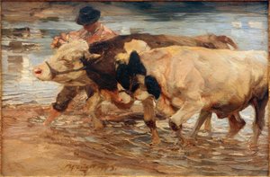 İnek ve öküz ile çiftlik işçisi by Heinrich von Zügel