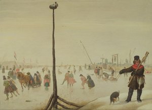 Bir kış manzarasında bir ördek avcısı ve köpeği (panel) by Hendrick Avercamp