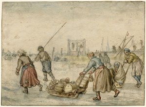 İki Kadın, Bir Kızak ve Buz Üzerinde Diğer Figürlerle Kış Manzarası, Uzakta Bir Darağacı by Hendrick Avercamp