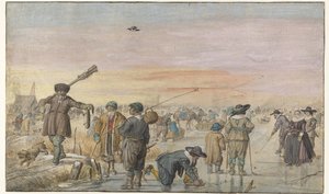 Su samuru gösteren bir avcı ile buz üzerinde kış sahnesi by Hendrick Avercamp