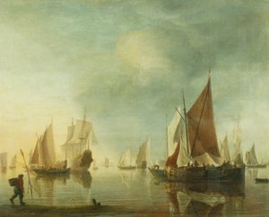 Sakin bir denizde açık denizde demir atarak nakliye; akşam ışığı, c.1650-60 (panel üzerine yağ) by Hendrick Dubbels
