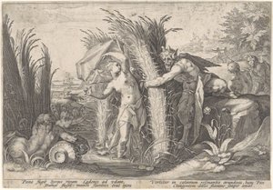 Pan en Syrigx Dönüştürülmüş van Ovid (seri başlığı) by Hendrick Goltzius (workshop of)