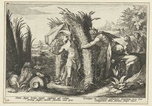 Pan en Syrigx Ovid Metamorfoz (başlık serisi) by Hendrick Goltzius (workshop of)