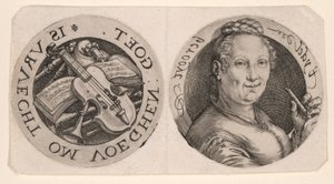 Elinde Flüt Tutan Kadın Büstü ve Müzik Aletleri, tek yaprak üzerinde by Hendrick Goltzius