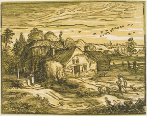 Dört Küçük Manzaradan Bir Çiftlik Evi ile Manzara by Hendrick Goltzius