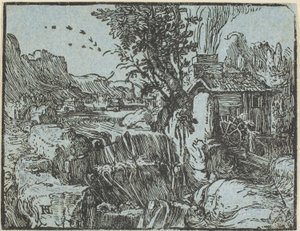 Dört Küçük Manzaradan Şelaleli Manzara by Hendrick Goltzius