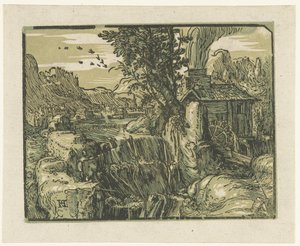 Şelale ile manzara Dört küçük manzara (dizi başlığı) by Hendrick Goltzius