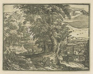 Oturan çift ile manzara Dört küçük manzara (dizi başlığı) by Hendrick Goltzius