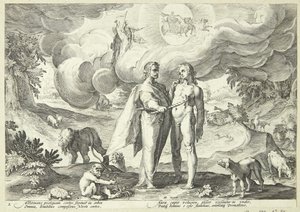 Prometheus insanı yaratır ve ona cennetten ateşle hayat verir. by Hendrick Goltzius